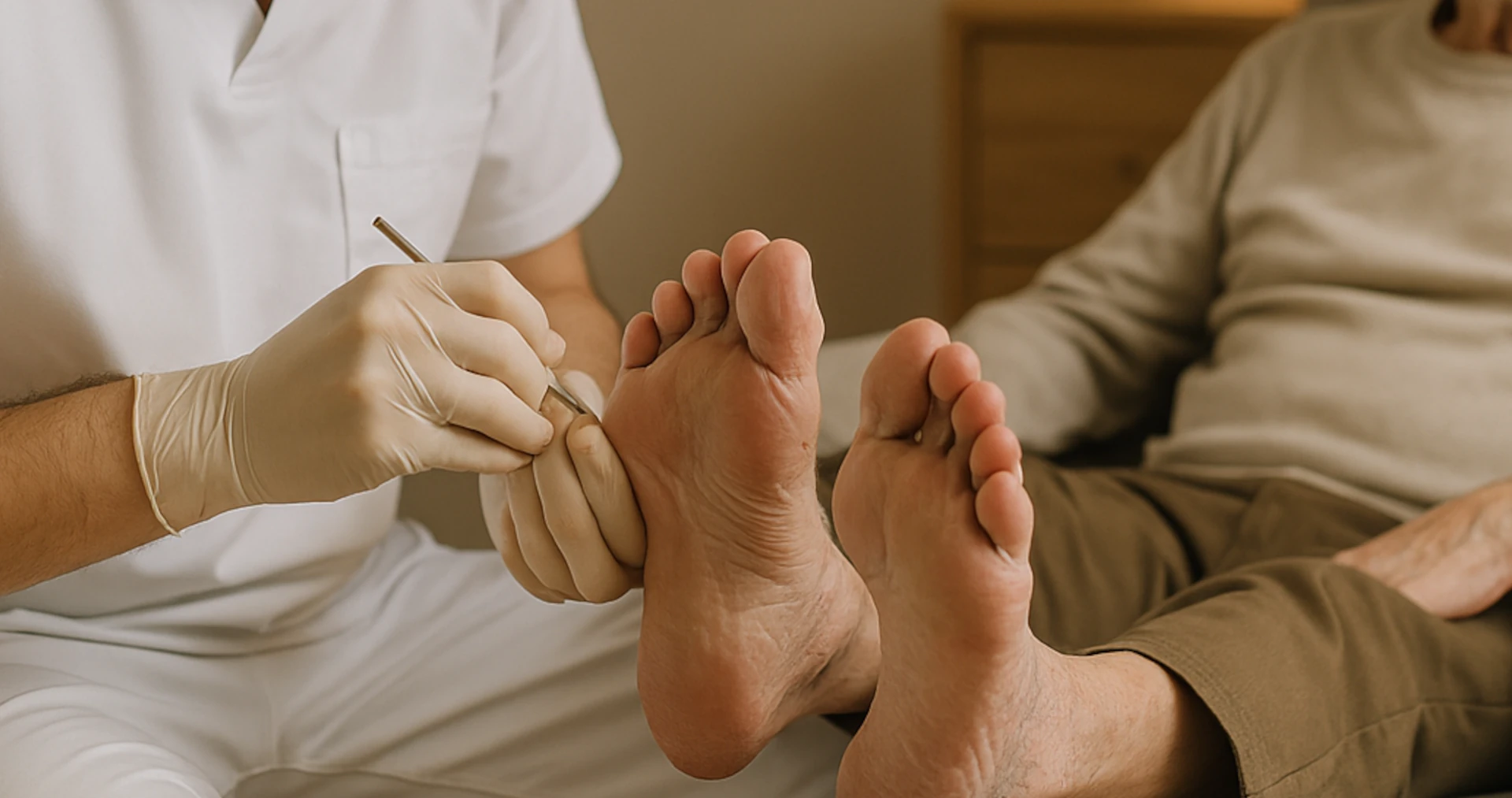 Profissional de podologia realizando atendimento domiciliar em paciente idoso, com uso de luvas e instrumentos adequados