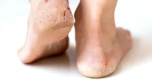 Calcanhares com fissuras profundas e pele ressecada, com presença de rachaduras abertas e risco de infecção