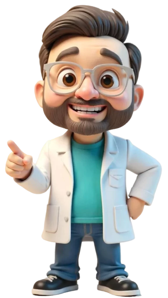 Mascote 3D sorridente representando podólogo humanizado e cuidador