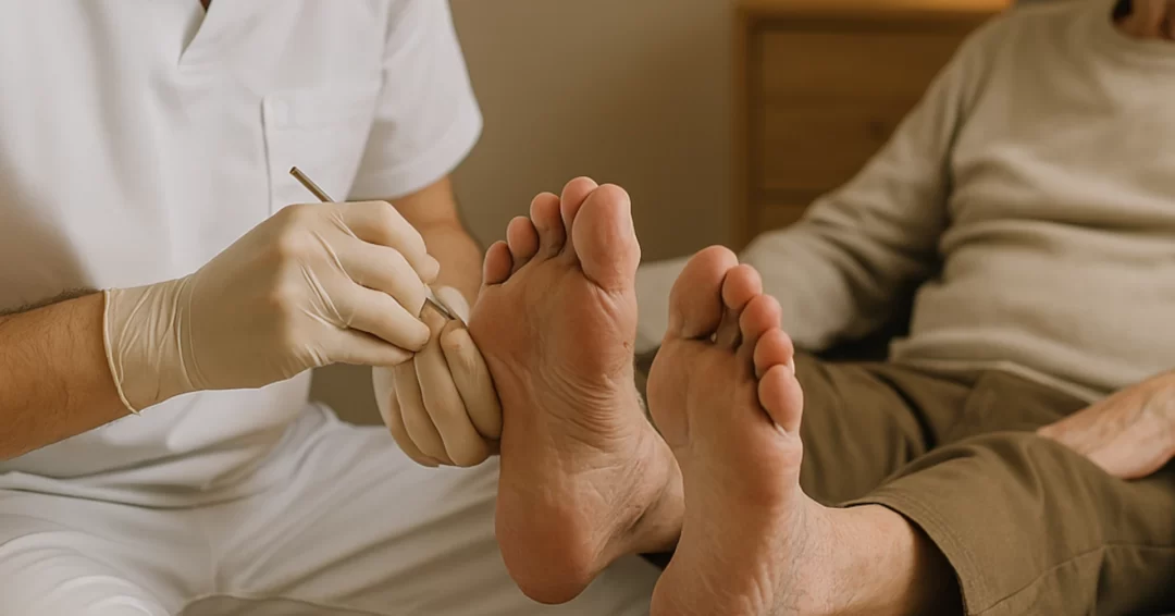 Profissional de podologia realizando atendimento domiciliar em paciente idoso, com uso de luvas e instrumentos adequados